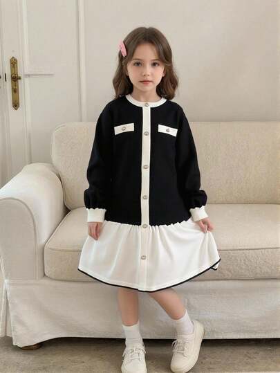 少女秋冬新款针织拼接连衣裙，黑白撞色单排扣仿纽扣设计，优雅淑女风长袖连衣裙，时尚必备少女校服连衣裙，女童黑色连衣裙搭配白色开衫，女童制服，黑白可爱校服，8岁黑白连衣裙