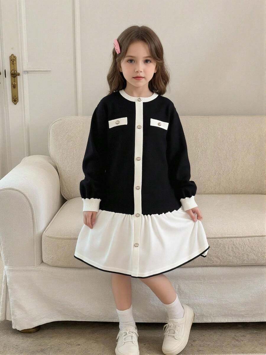SHEIN Tween Girl Black And White Knitted Patchwork Dress,Elegant Autumn Long Sleeve Single-Breasted Faux Button Design,Back-To-School Graduation Uniform - Multicolor - View 1