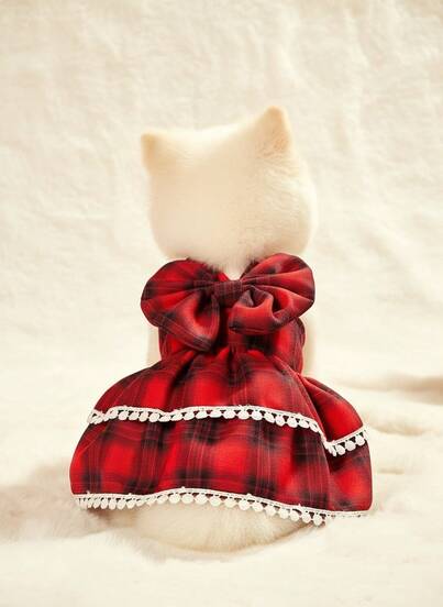 PETSIN 1 件宠物圣诞红色格子蝴蝶结蕾丝甜美风格狗狗连衣裙