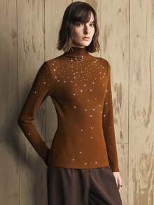 Revavyn Revavyn Women's Knitted Rhinestone Detail Slim Fit High Collar Top, Brown,Autumn,Elegant,Night Out Top - Chocolate Brown - View 6