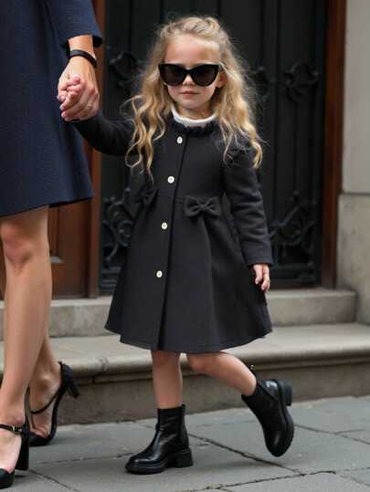 Elladie kids 女童秋冬甜美公主风浅蜜桃色荷叶边领蝴蝶结装饰中长款外套，韩版甜美风羊毛外套，适合日常上学、家庭休闲、节日聚会（如生日派对、新年拜访等），实用又时尚