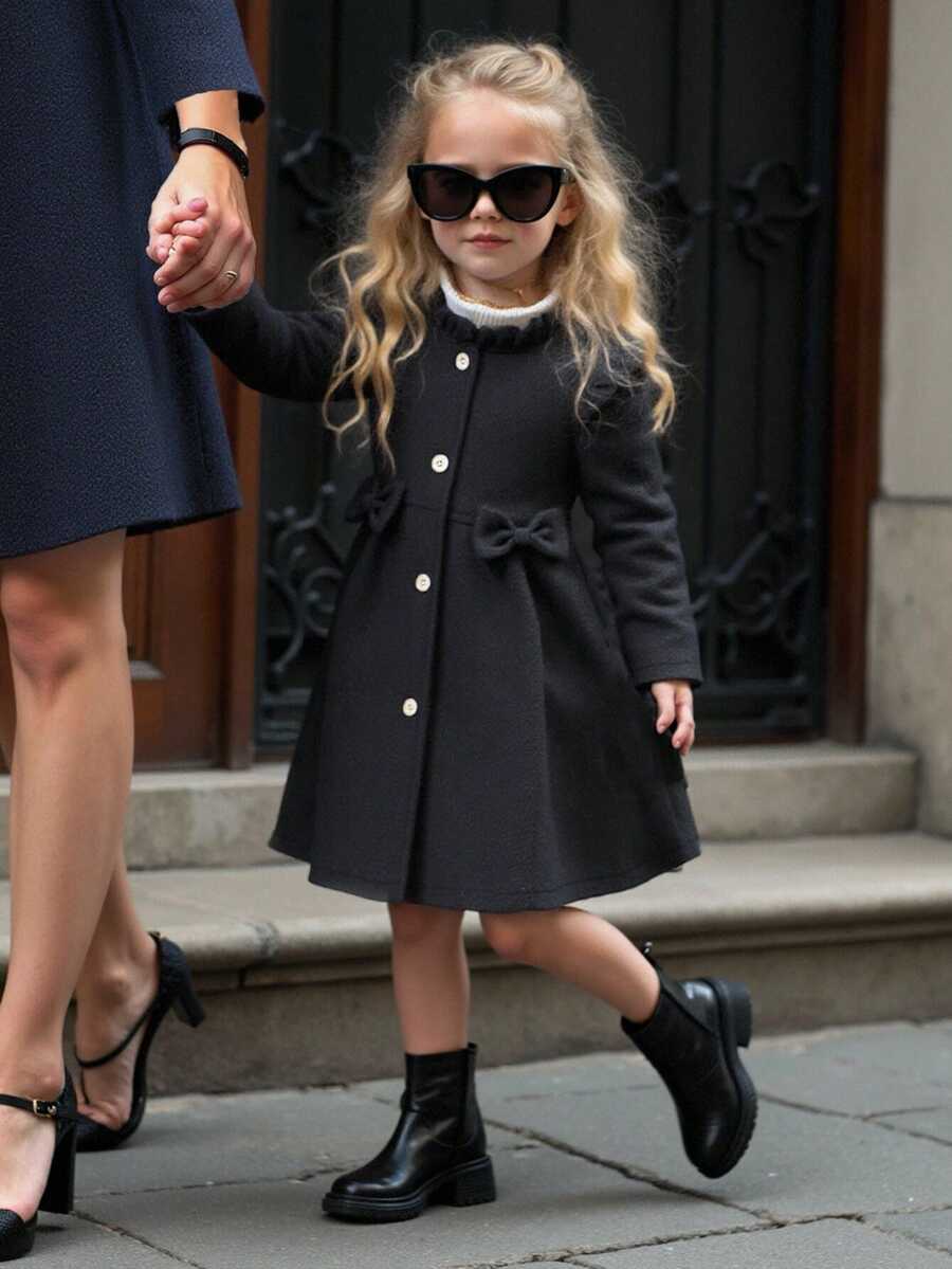 Elladie kids 女童秋冬甜美公主风浅蜜桃色荷叶边领蝴蝶结装饰中长款外套,韩版甜美风羊毛外套,适合日常上学、家庭休闲、节日聚会(如生日派对、新年拜访等),实用又时尚 - 黑色 - 查看 1