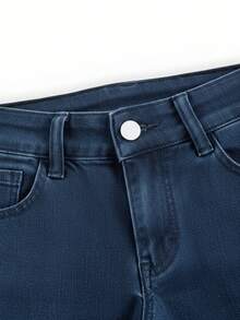 ROMWE Grunge Punk 大码朋克风印花喇叭牛仔裤，休闲牛仔裤，复古水洗蓝牛仔裤，返校季必备 - 深色水洗藍 - 查看 5