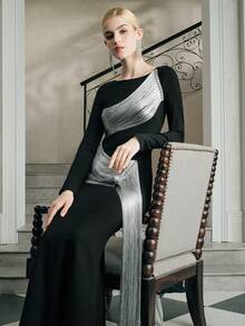 Anewsta Elegant Fitted Round Neck Long Sleeve Tassel Dress For Party & Dinner