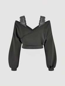 SHEIN MOD Áo nỉ hở vai tay dài ren rộng rãi cho nữ cỡ lớn - Xám - Xem 8