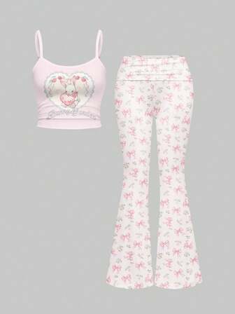 Kawaii [Lingerie] Sexy Camisole Strap Ruched Low Waist Flare Pants Women 2 Pieces Set