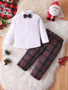 SHEIN 2 Stücke Gentleman Outfit für Kleine Jungen, weiß Langarm Hemd mit Knöpfen und burgunderrote karierte Anzughose, elegante Fliege, modischer Gentleman Stil, geeignet für Geburtstagsfeiern, formelle Anlässe, Hochzeiten, Taufen, Schulanfang, Halloween, Weihnachten - Verschiedenfarbig - Übersicht 3