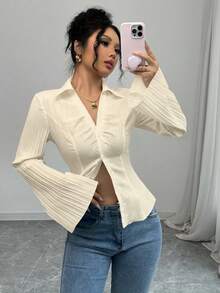 Selianne 女士法式V领白色衬衫，收腰设计，秋季款 - 杏色 - 查看 4