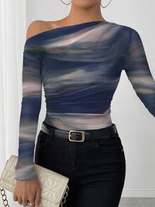 Elenzga 25-30+ Casual Autumn Tie Dye Print Ruffle Shoulder Long Sleeve Elegant Women T-Shirt - Navy Blue - View 4