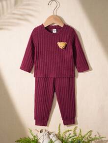 Souflis Souflis 2pcs/Set Toddler Boys' Cute Gray Ribbed Long Sleeve Top With Bear Graphic And Gray Ribbed Pants, Autumn/Winter - Burgundy - View 3