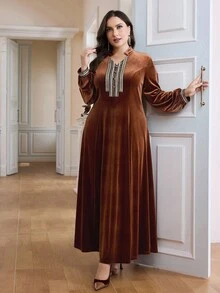 Al Najma Plus Size Women Elegant Vintage Ribbon Decor Arabic Style Velvet  Dress Dress Modest Winter/Fall - Coffee Brown - View 5