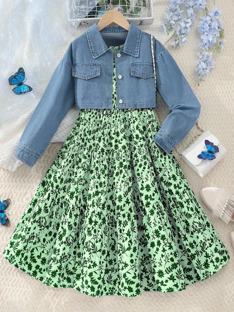 青少年女孩秋季长袖单排扣牛仔夹克和碎花连衣裙两件套休闲套装 - 青碧色 - 查看 1