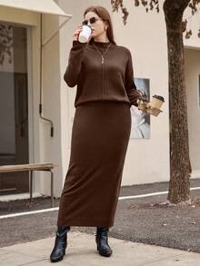 Easura Plus Size Women Solid Color Casual Crew Neck Drop Shoulder Sweater And Knit Midi Skirt Set - Brown - View 6