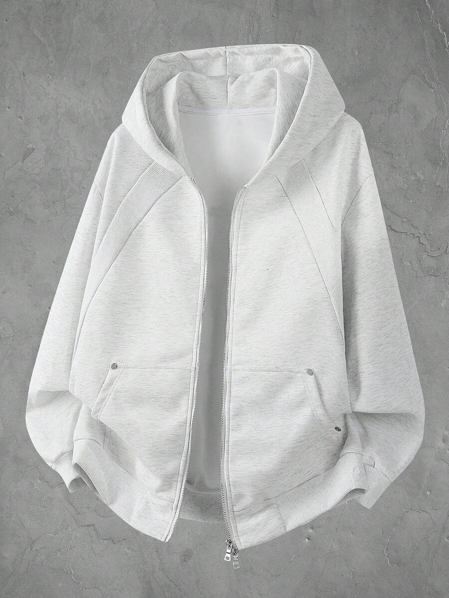 Manfinity EMRG 男士纯色落肩长袖拉链前开襟休闲口袋连帽夹克 - 淺灰色 - 查看 1