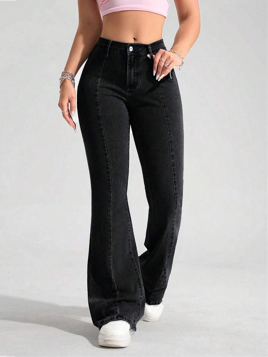 SHEIN PETITE Women's Casual Flared Leg Jeans, Versatile For Everyday Wear