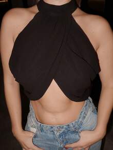 Turnttoni Áo sơ mi nữ cổ bẻ cài nút thanh lịch gợi cảm giản dị thời trang ngày lễ bằng vải chiffon - màu đen - Xem 4