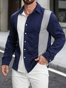 Manfinity Homme Men's Contrast Color Single-Breasted Long Sleeve Knitted Button Up Shirt,Navy And White,Autumn,Casual,City Break Open Knit Layered Dress Shirt - Multicolor - View 3