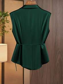 GlowEve Áo cánh không tay buộc nơ cổ xếp ly phía trước cho nữ - Màu xanh lá cây đậm - Xem 2