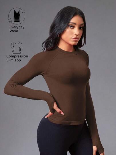 Easithlete T-shirt de sport à manches longues ajusté de couleur unie/sans couture/avec trou pour le pouce