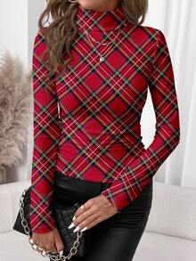 SHEIN Clasi 休闲简约女式圣诞格子印花高领打底T恤，适合秋冬季节、居家穿着、时尚派对等场合。 - 彩色 - 查看 4