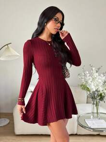 SHEIN PETITE Women's Elegant Burgundy Solid Round Neck Ribbed Long Sleeve Mini Dress,Autumn Casual Dining Outfit,New Year Party,Christmas & Valentine's Day Dresses ,Petite Women - Burgundy - View 11