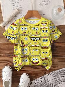 SpongeBob SquarePants | SHEIN Young Boy Cartoon Print Round Neck Short Sleeve T-Shirt , Summer - White - View 1
