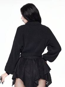 ROMWE Gothic Style Mushroom & Crescent Moon Embroidered Women Sweater - Black - View 3