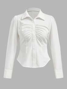 SHEIN PETITE Women's Plain Pleat Button Long Sleeve Blouse, White Collared Shirt White Shirt Women White Fitted Shirt White Blouse Elegant Office Blouse,Teacher Outfits For Women,Back To School Clothes,Teacher Shirts,Fall Women Clothes,All-Season,Button Up Shirt Women White Button Down Shirt Business Casual Women Shirts Women White Shirt - White - View 3