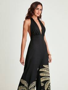 CAJUNI x Carol Peixinho 性感露背吊带椰树印花连体裤，度假 - 黑色 - 查看 6