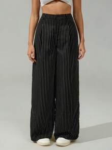 SHEIN Tall 女士休闲条纹阔腿裤 - 黑色 - 查看 3