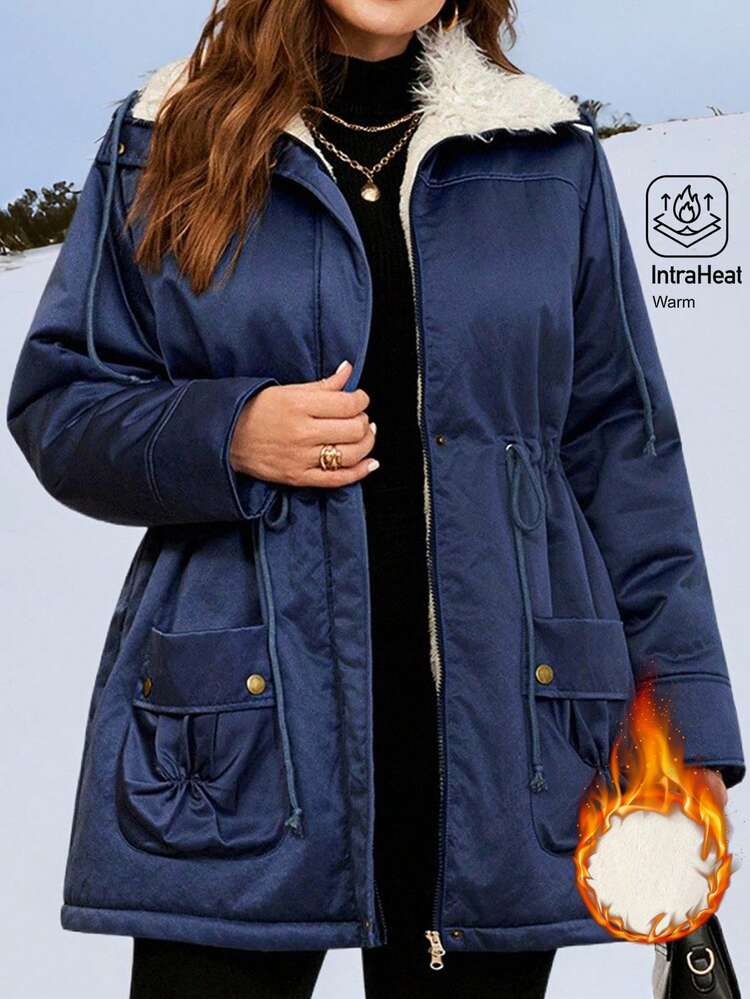 Plus Size Women Winter Casual Solid Color Zip-Up Fuzzy Inside Warm Drawstring Waist Thermal Lined Padded Coat With Pockets,Autumn/Winter,Going Out Outfits,2025 New Clothes,Simple And Fashionable For Everyday Wear, Plus Size Winter Clothes,Blue Jacket