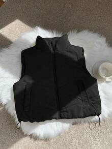 Comfortcana Plus Size Casual Stand Collar Black Padded Vest Winter Fall Autumn , Puffer Vest - Black - View 5