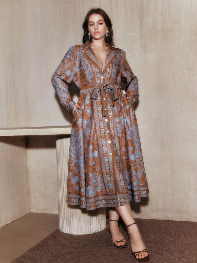 Valentine Brown Retro Bohemian Printed Lace-Up Dress For Plus Size Women, Suitable For Fall, Winter, New Year, Party, Wedding, Elegant, Chic, Stylish, Christmas, Festival, Holiday