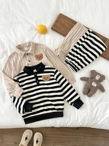 LMoss Kids LMoss 4pcs/Set Young Boy Striped Long Sleeve Polo Collar Sweatshirt And Elastic Waist Casual Pants Set, Autumn/Winter - Multicolor - View 7