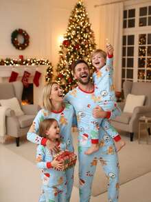 2pcs Girls' Green Gingerbread Man Christmas Color Soft Fleece Elastic Long Sleeve Top And Pants Homewear Set - Baby Blue - View 4