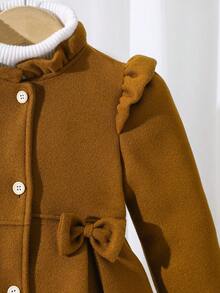 Elladie kids 女童秋冬甜美公主风浅蜜桃色荷叶边领蝴蝶结装饰中长款外套，韩版甜美风羊毛外套，适合日常上学、家庭休闲、节日聚会（如生日派对、新年拜访）等场合，实用又时尚。 - 咖啡棕 - 查看 6