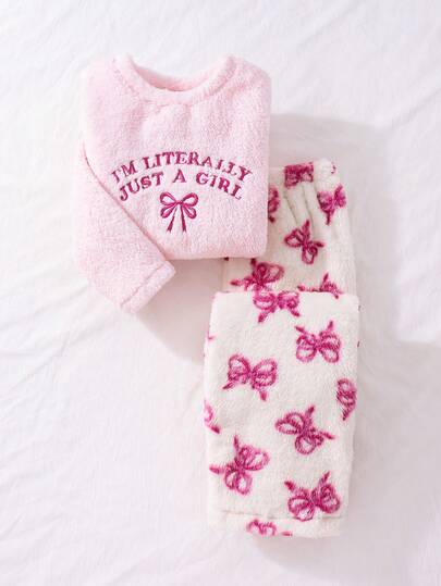 Girls Cute & Fashionable Winter Pajamas Set, Long Sleeve Top With Embroidered Bowknot, Plush Butterfly Print Pants
