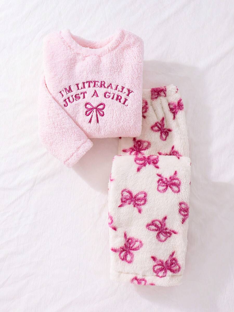 Girls Cute & Fashionable Winter Pajamas Set, Long Sleeve Top With Embroidered Bowknot, Plush Butterfly Print Pants - Pink - View 1