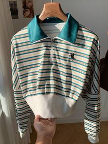 Comfortcana 女式休闲条纹拼布运动衫，秋季 - 彩色 - 查看 3