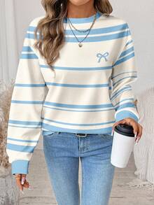SHEIN LUNE Plus Size Casual Striped Bow Print Sweatshirt, Autumn/Winter - Multicolor - View 1
