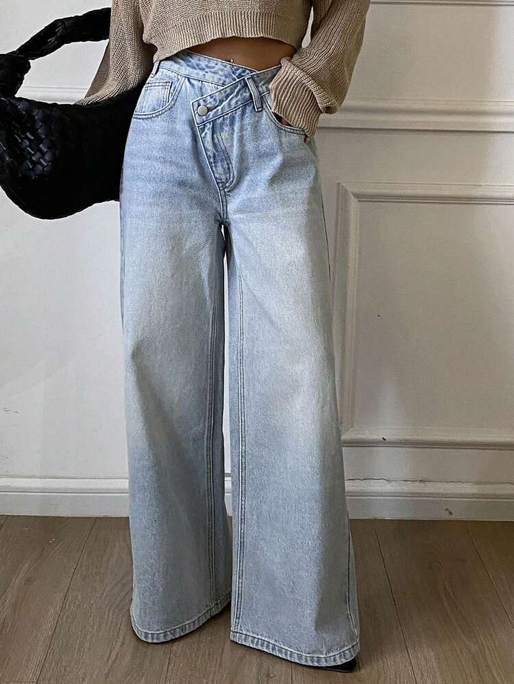 Women's Casual Everyday Washed Asymmetric Waist Wide Leg Jeans