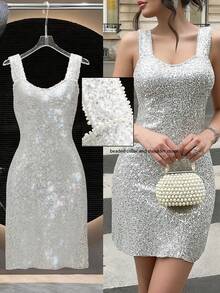 Franclia 银色亮片方领修身礼服，无袖闪亮中长晚礼服 - 銀色 - 查看 1