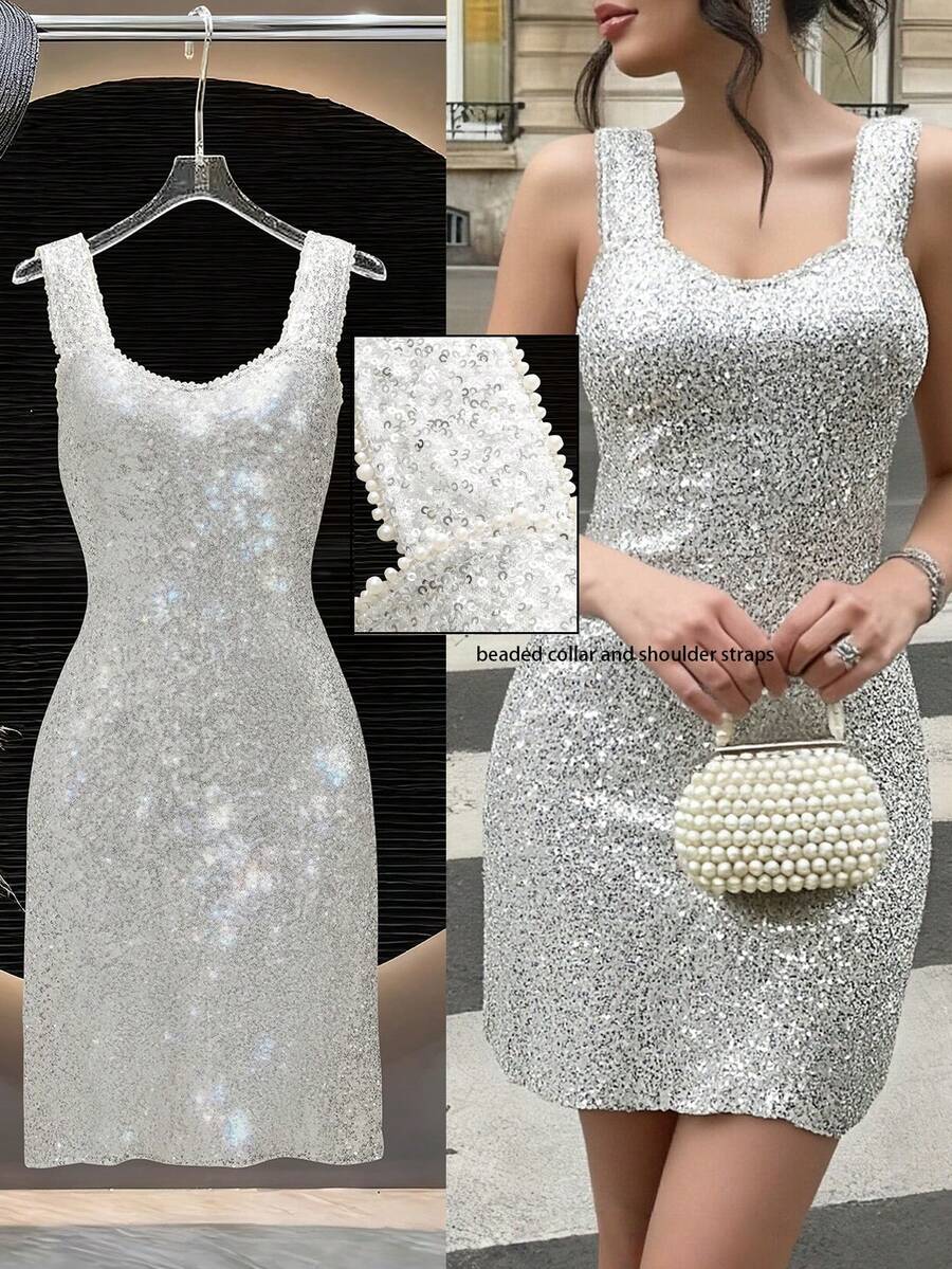 Franclia 银色亮片方领修身礼服，无袖闪亮中长晚礼服 - 銀色 - 查看 1