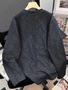 SHEIN 青少年男童休闲宽松舒适百搭长袖圆领上衣，带编织标签装饰