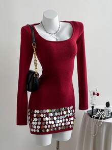 SHEIN Unity Fashionable Sequin Sexy Party Dress For Women - Burgundy - View 1