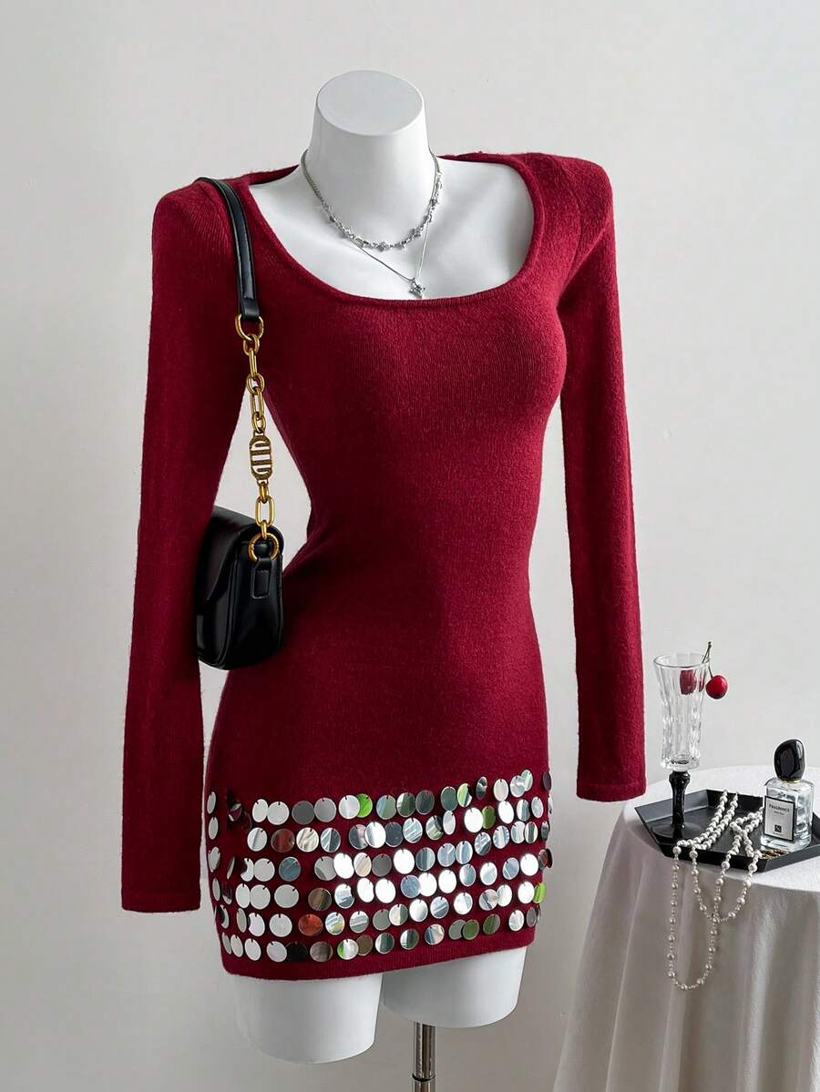 SHEIN Unity Fashionable Sequin Sexy Party Dress For Women - Burgundy - View 1