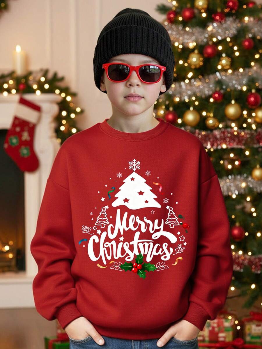 Tween Boy Christmas Tree Pattern Sweatshirt,Red And White,Autumn,Cute,Holiday Classic Christmas Deer Family Matching Loose Fit Crew Neck Long Sleeve - Red - View 1