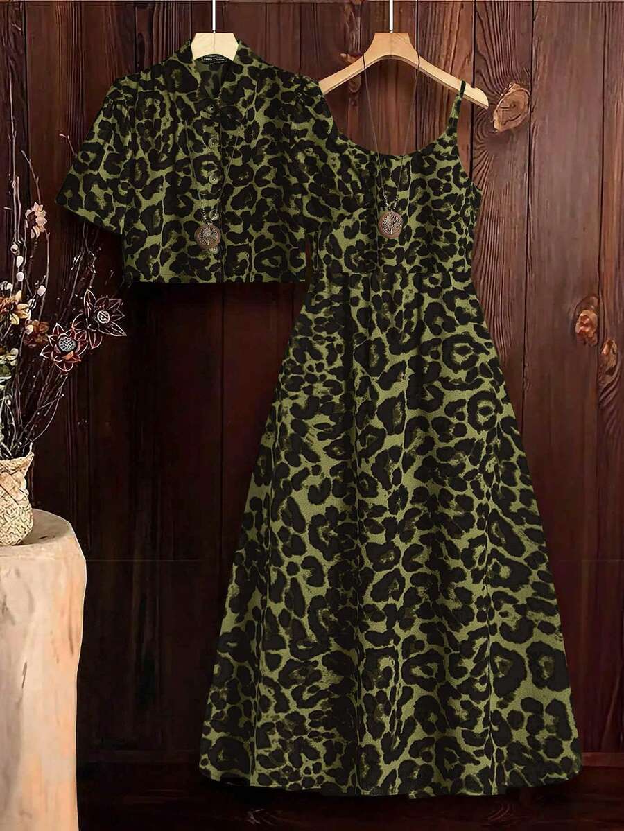 SHEIN Clasi 2pcs Women Leopard Print Dress And Shirt Set