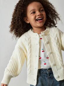 Maija Kids Girls Cropped Turtleneck Cable Knit Cardigan, Retro Loose Fit Knitted Sweater Jacket, Versatile For Autumn/Winter - Apricot - View 6