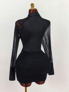 Amplova Vestido sexy plus size feminino com gola, detalhes em tule, mangas compridas e franzidos. - Preto - Ver 9
